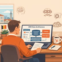 HubSpot specialist in a Belgian SME office reviewing a clean data architecture diagram on a laptop with subtle AI icons representing preparing a CRM f