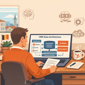 HubSpot specialist in a Belgian SME office reviewing a clean data architecture diagram on a laptop with subtle AI icons representing preparing a CRM f